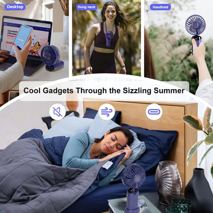Portable 12-Hour Fan with LED Display, 3200mAh Battery, Foldable Design, 5 Speeds, Handheld/Neck/Desk Use - Purple