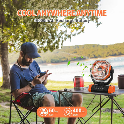 A camping fan powered by a 40000 mAh battery