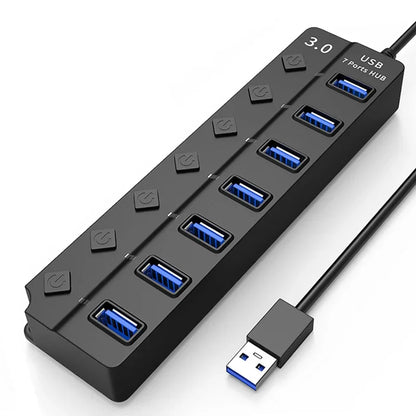4/7-Port USB 3.0 Hub with LED Indicator Independent Switch Control for Laptop Flash Drive Hard Disk Printer Camera Keyboard