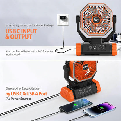 A camping fan powered by a 40000 mAh battery