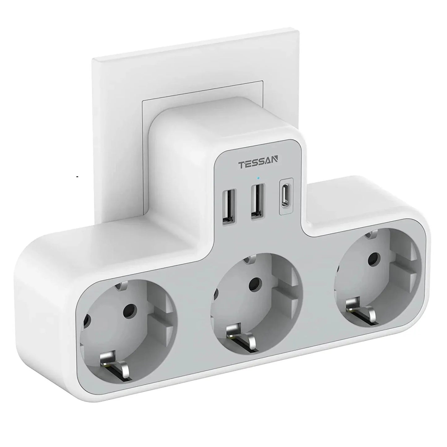 TESSAN EU Plug Power Strip with 3 AC Outlets +2 USB Ports+ 1 Type C, 6-in-1 Plug Socket Adapter Wall Charger for Home Office