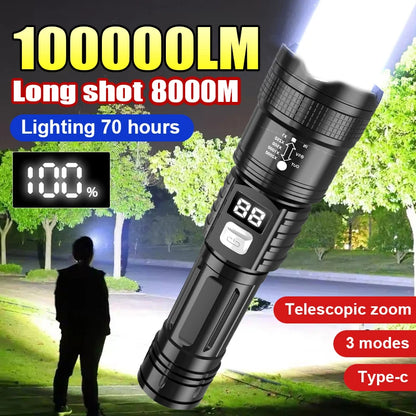 100000LM Super Bright Flashlight Type-C Rechargeable LED Torch Long