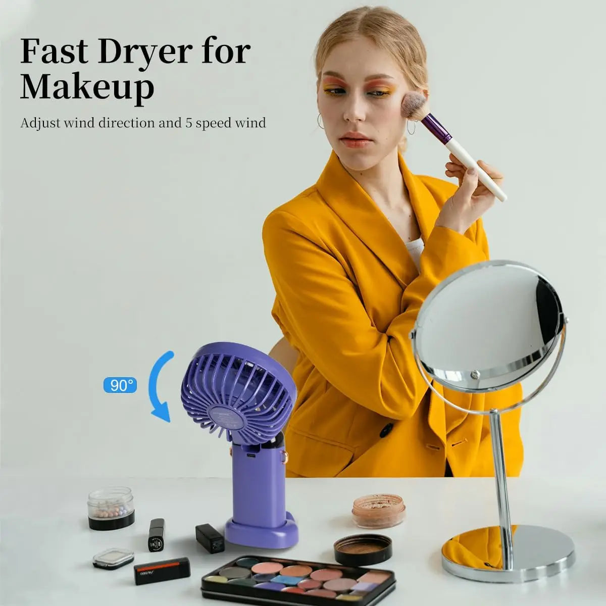 Portable 12-Hour Fan with LED Display, 3200mAh Battery, Foldable Design, 5 Speeds, Handheld/Neck/Desk Use - Purple