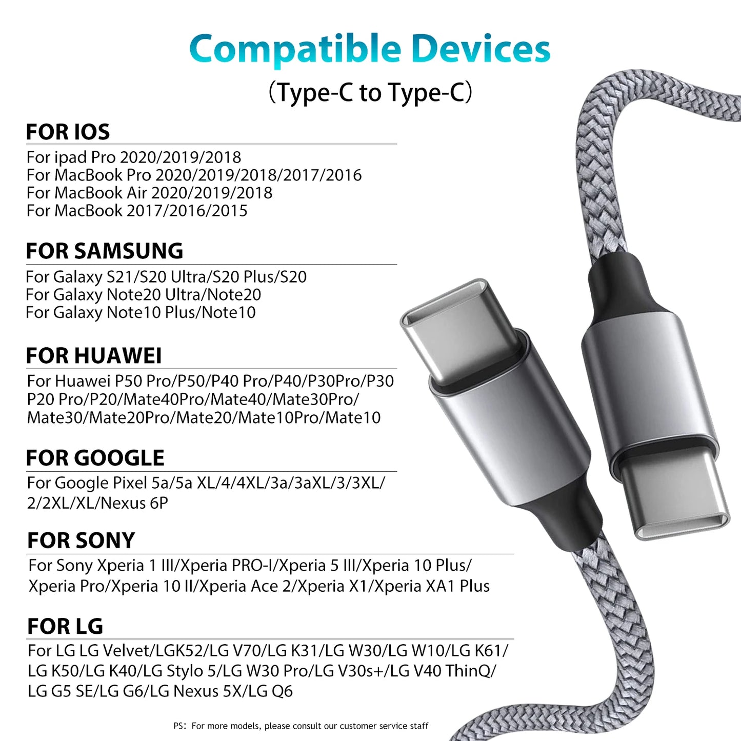 60W PD USB-C to USB-C Fast Charging Cable Nylon Braided Type-C Data