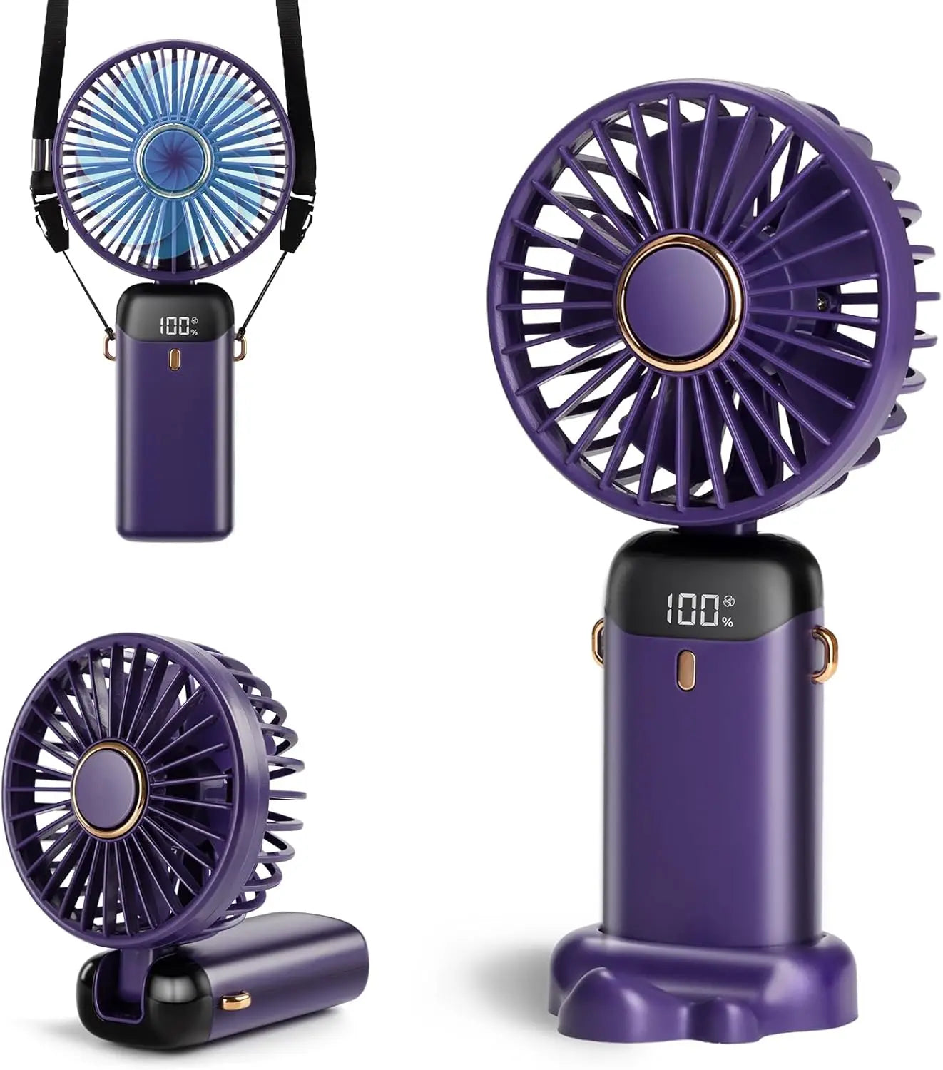 Portable 12-Hour Fan with LED Display, 3200mAh Battery, Foldable Design, 5 Speeds, Handheld/Neck/Desk Use - Purple