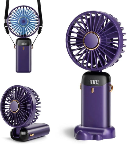 Portable 12-Hour Fan with LED Display, 3200mAh Battery, Foldable Design, 5 Speeds, Handheld/Neck/Desk Use - Purple